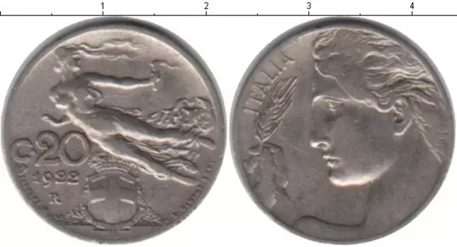 Монета 20 сентесим Италии 1922 года Медно-никель Летящая девушка