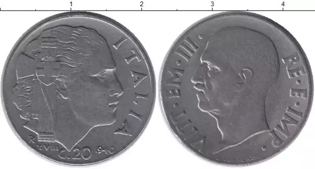 Монета 20 сентесим Италии 1940 года Медно-никель Виктор Эммануил III