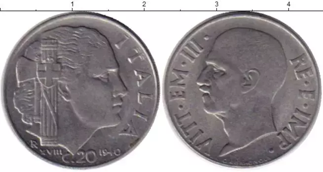 Монета 20 сентесим Италии 1940 года Медно-никель Виктор Эммануил III