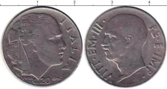 Монета 20 сентесим Италии 1940 года Медно-никель Виктор Эммануил III