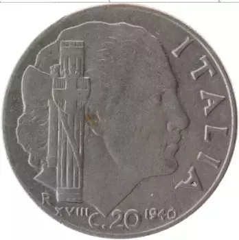 Монета 20 сентесим Италии 1940 года Медно-никель Витторио Эммануил III