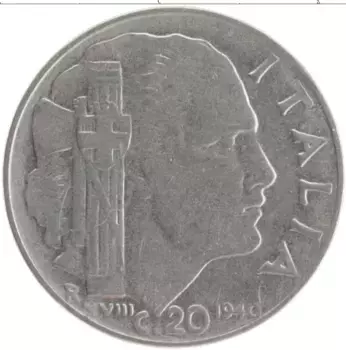 Монета 20 сентесим Италии 1940 года Медно-никель Витторио Имануил III