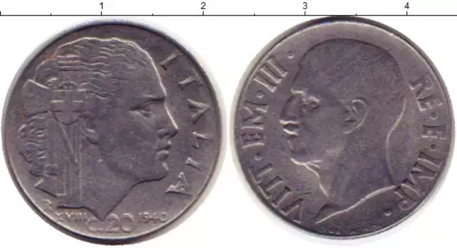Монета 20 сентесим Италии 1940 года Железо Виктор Эммануил III