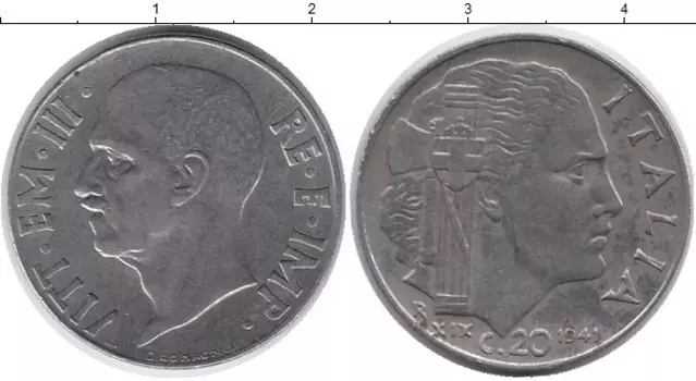Монета 20 сентесим Италии 1941 года Медно-никель Виктор Эммануил III