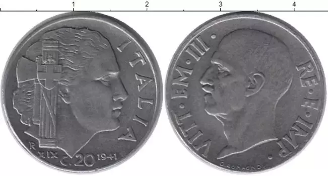 Монета 20 сентесим Италии 1941 года Медно-никель Виктор Эммануил III