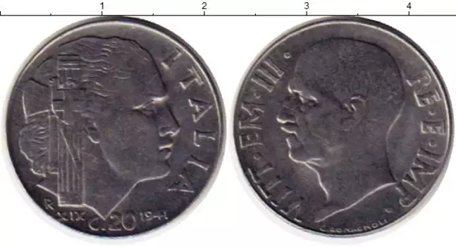 Монета 20 сентесим Италии 1941 года Медно-никель Виктор Эммануил III