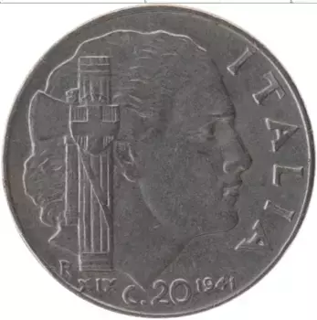 Монета 20 сентесим Италии 1941 года Медно-никель Витторио Эммануил III