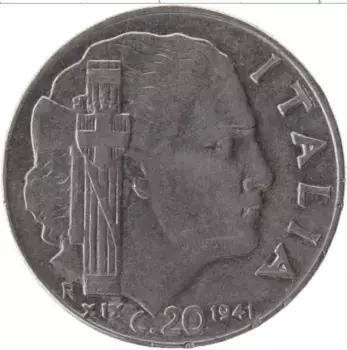 Монета 20 сентесим Италии 1941 года Медно-никель Витторио Эммануил III