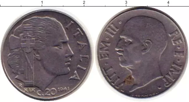 Монета 20 сентесим Италии 1941 года Железо Виктор Эммануил III