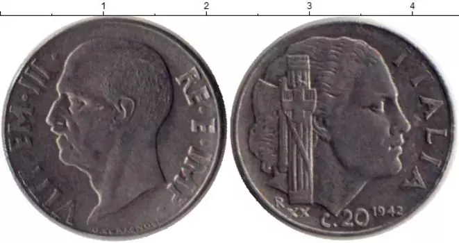 Монета 20 сентесим Италии 1942 года Медно-никель Виктор Эммануил III