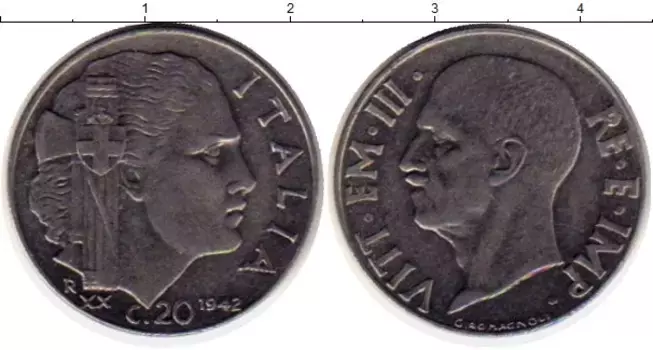 Монета 20 сентесим Италии 1942 года Медно-никель Виктор Эммануил III