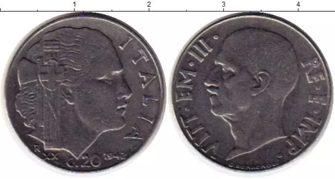 Монета 20 сентесим Италии 1942 года Медно-никель Виктор Эммануил III