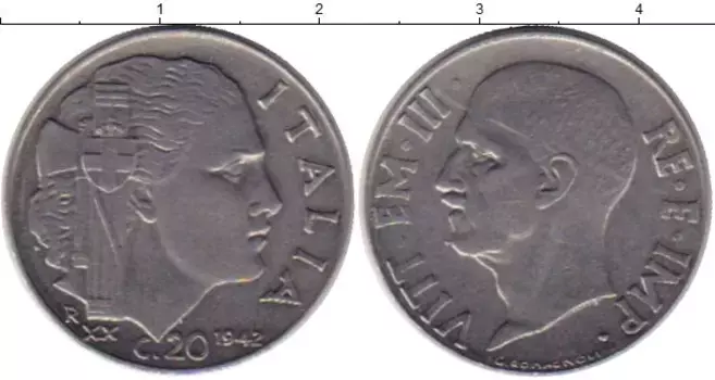 Монета 20 сентесим Италии 1942 года Медно-никель Виктор Эммануил III