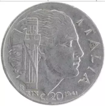 Монета 20 сентесим Италии 1943 года Медно-никель Виктор Эммануил III
