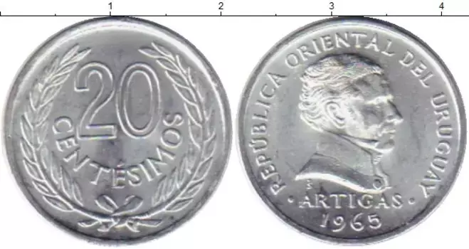 Монета 20 сентесим Уругвая 1965 года Алюминий Артигас