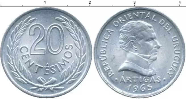 Монета 20 сентесим Уругвая 1965 года Алюминий Артигас