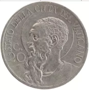 Монета 20 сентесим Ватикана 1931 года Медно-никель Пий XI