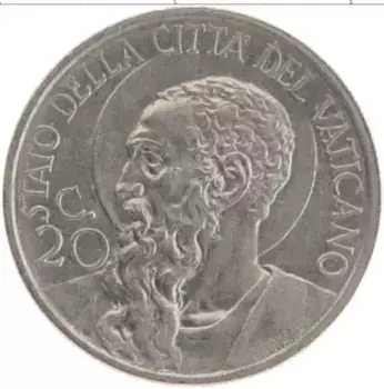 Монета 20 сентесим Ватикана 1934 года Медно-никель Пий XI