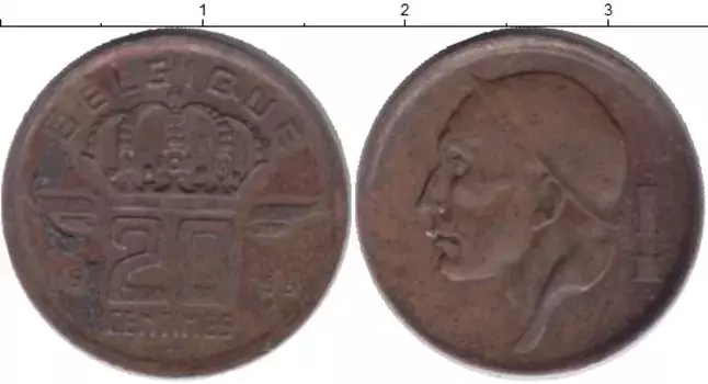 Монета 20 сентим Бельгии 1953 года Медь
