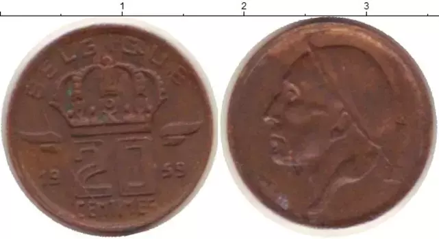 Монета 20 сентим Бельгии 1959 года Медь