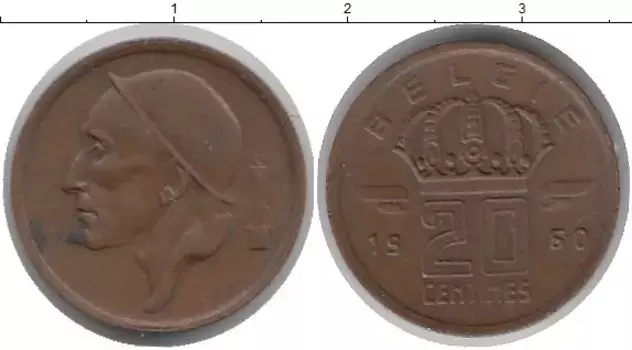 Монета 20 сентим Бельгии 1960 года Медь