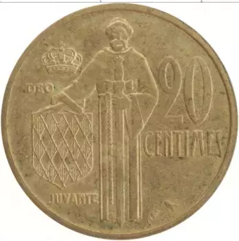 Монета 20 сентим Монако 1962 года Латунь Ранье III