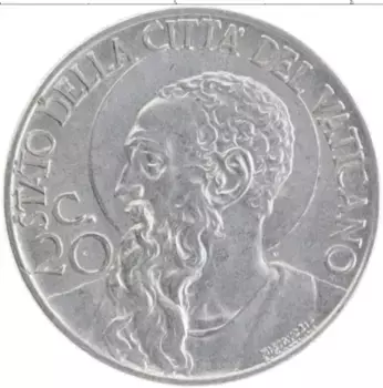 Монета 20 сентим Ватикана 1940 года Медно-никель Пий XII