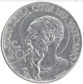 Монета 20 сентим Ватикана 1940 года Медно-никель Пий XII