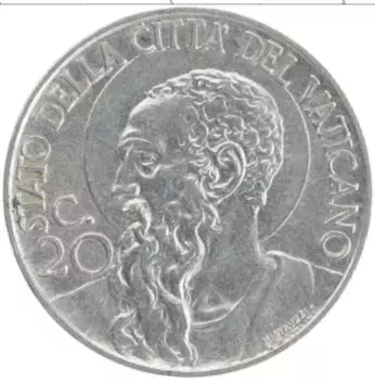 Монета 20 сентим Ватикана 1940 года Медно-никель Пий XII