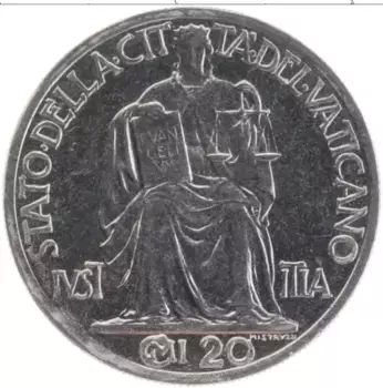 Монета 20 сентим Ватикана 1942 года Медно-никель Пий XII