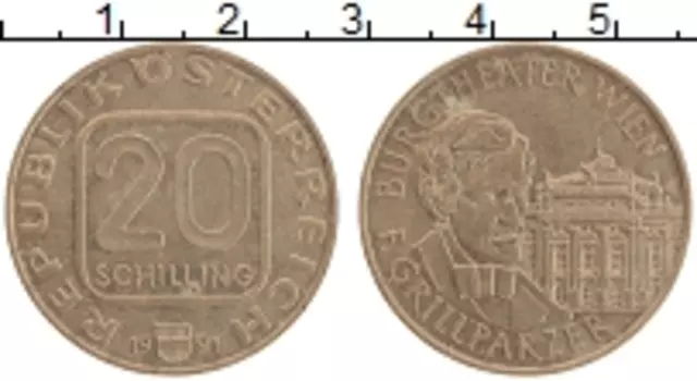 Монета 20 шиллингов Австрии 1991 года Латунь 200 лет со дня рождения Франца Грильпарцера