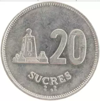 Монета 20 сукре Эквадора 1991 года Медно-никель