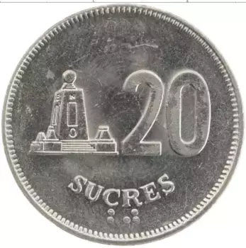 Монета 20 сукре Эквадора 1991 года Медно-никель