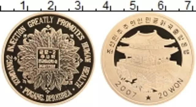 Монета 20 вон Северной Кореи 2007 года Латунь `Раствор для инъекций ``Кымдан-2```
