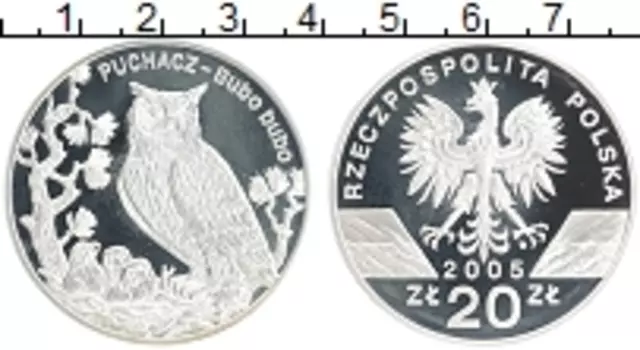 Монета 20 злотых Польши 2005 года Серебро Всемирная природа - Филин