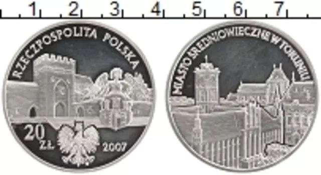 Монета 20 злотых Польши 2007 года Серебро Памятники Польши - Средневековый город Торунь