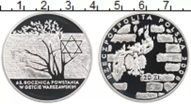 Монета 20 злотых Польши 2008 года Серебро 65 лет восстанию в Варшавском гетто