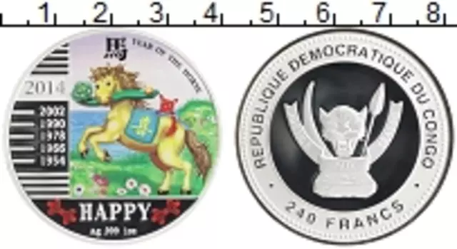 Монета 240 франков Конго 2014 года Серебро Год лошади
