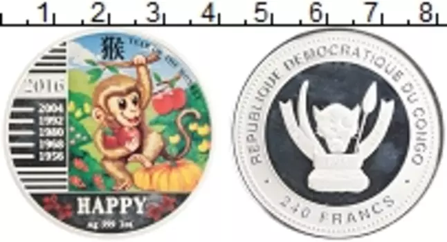 Монета 240 франков Конго 2016 года Серебро Год обезьяны