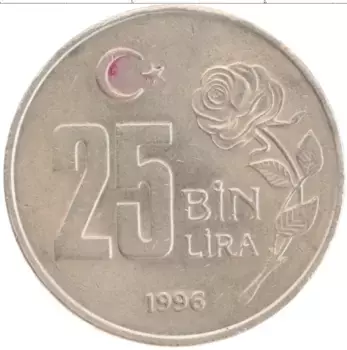 Монета 25000 лир Турции 1996 года Медно-никель