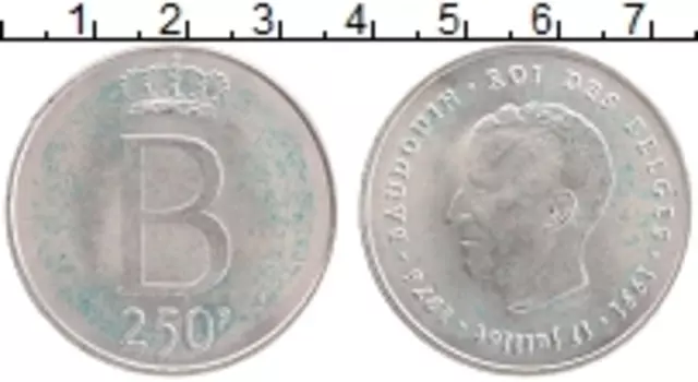 Монета 250 франков Бельгии 1976 года Серебро 25 лет правления короля Бодуэна