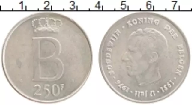 Монета 250 франков Бельгии 1976 года Серебро 25 лет правления короля Бодуэна