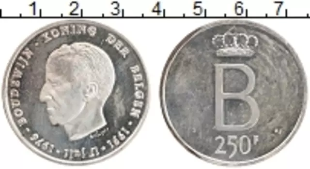 Монета 250 франков Бельгии 1976 года Серебро Король Бодуэн, 25 лет правления