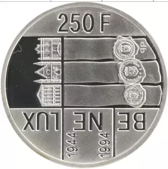 Монета 250 франков Люксембурга 1994 года Серебро 50 лет Бенилюксу