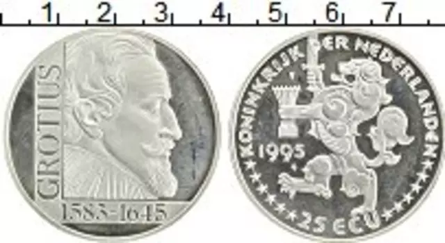 Монета 25 экю Нидерланд 1995 года Серебро 350 лет со дня смерти Гуго Гроция