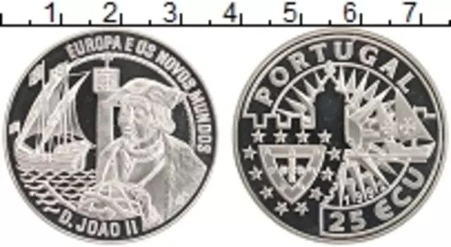 Монета 25 экю Португалии 1992 года Серебро Король Жуан II
