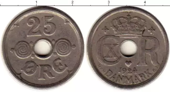 Монета 25 эре Дании 1924 года Медно-никель Кристиан Х
