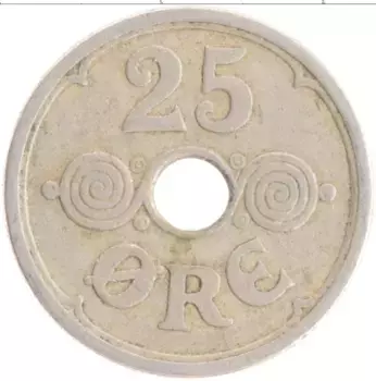 Монета 25 эре Дании 1924 года Медно-никель Кристиан X
