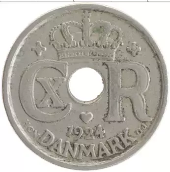Монета 25 эре Дании 1924 года Медно-никель Кристиан X