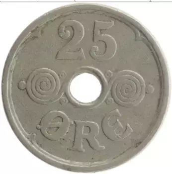 Монета 25 эре Дании 1925 года Медно-никель Кристиан X